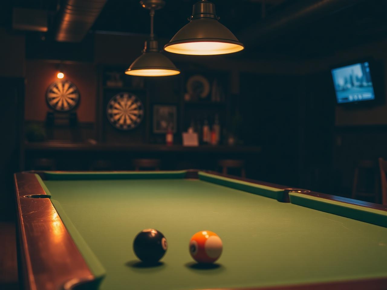 Pool table with racked balls under warm lighting at Over the Bridge