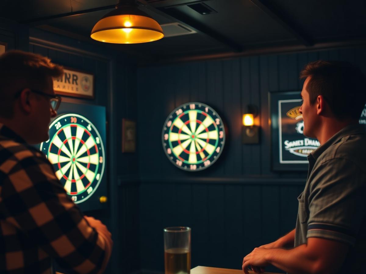Friends throwing darts at a lit dartboard inside Over the Bridge