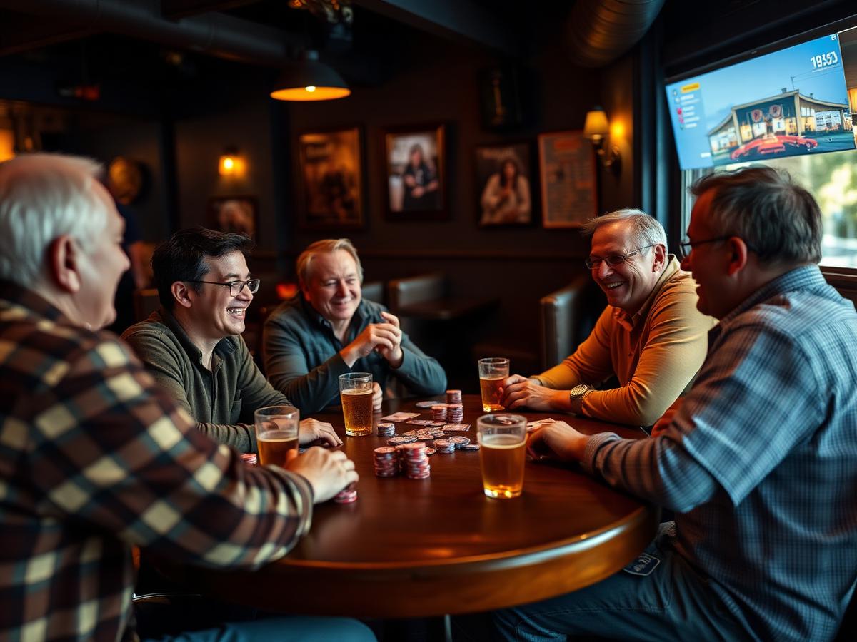 Group of friends laughing around a poker table at Over the Bridge